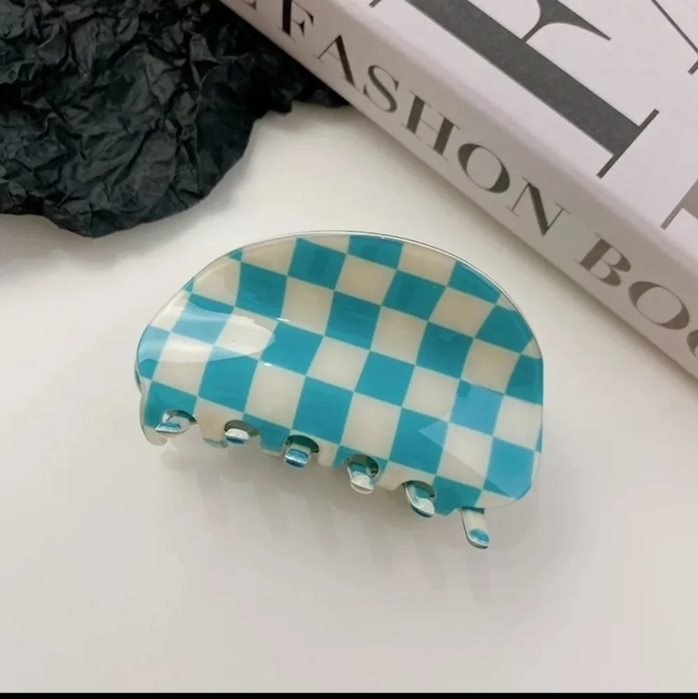 NWT Blue and White Checkered Hair Claw Clip